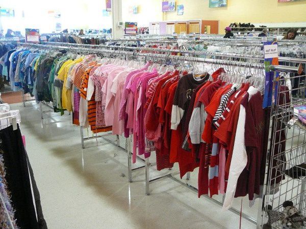 Colorful clothes for sale in a thrift store in Minnesota
